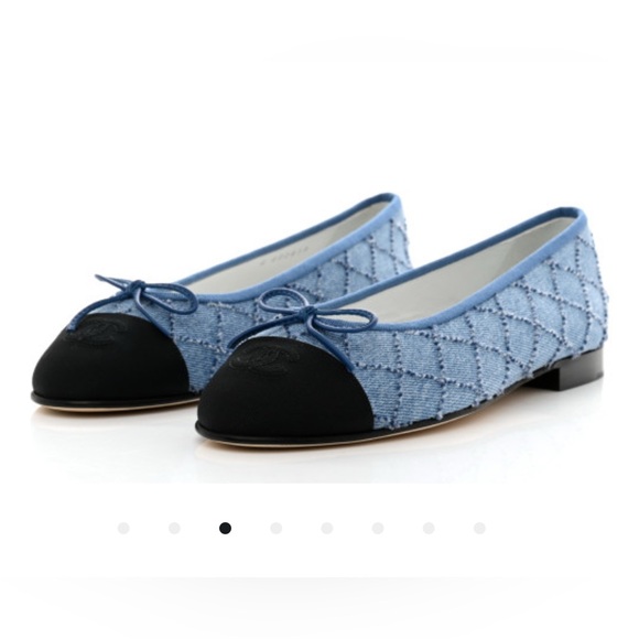 Authentic CHANEL Denim Quilted Grosgrain Cap Toe Ballerina Flats size 39.5 - Picture 1 of 12